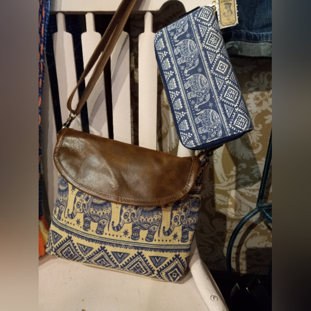 Blue Elephant Print Wallet and Brown Leather Pouch